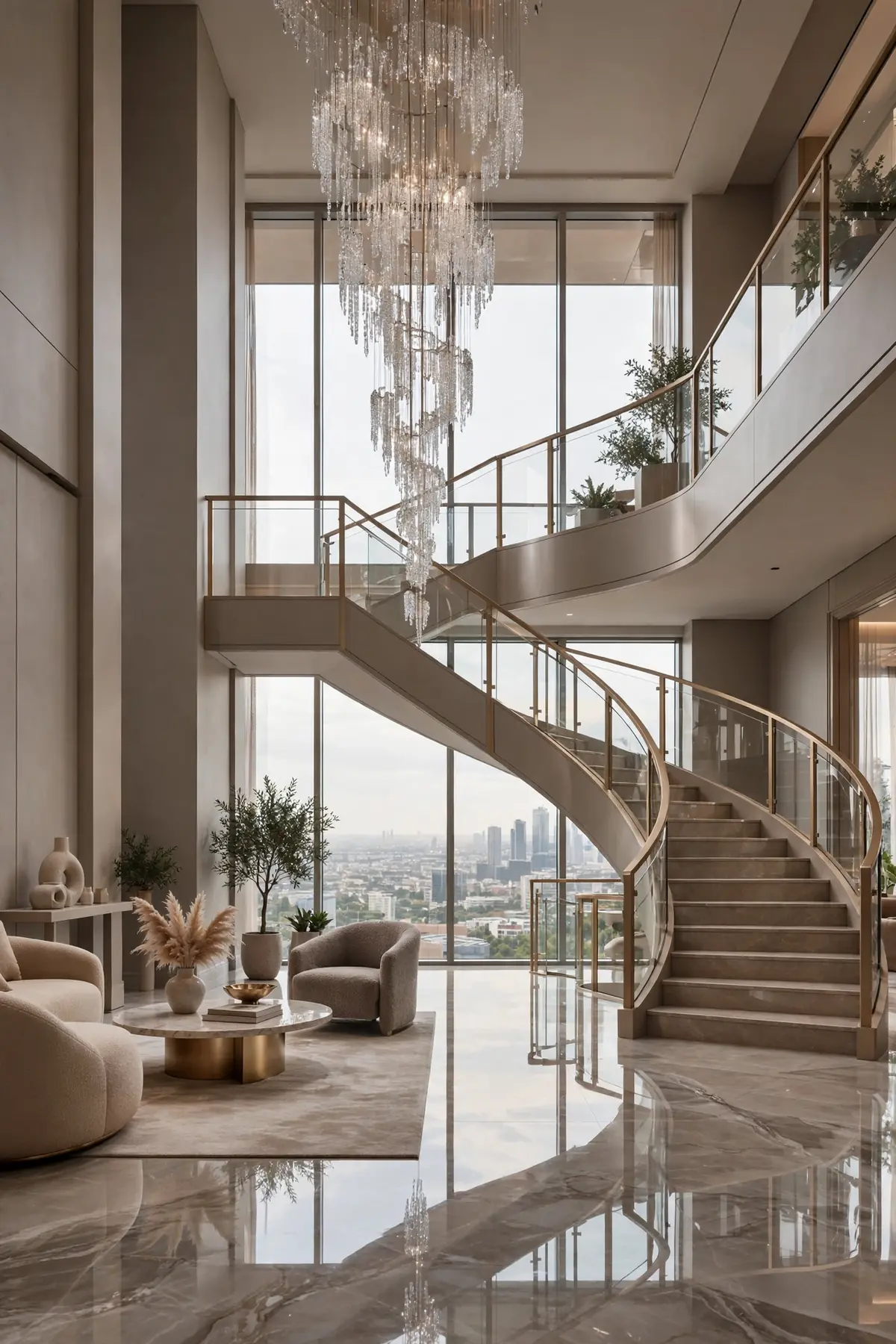 25 Double Height Staircase Wall Ideas, From Gallery Walls to Grand Chandeliers double height staircase wall ideas: Leave It Nearly Bare: Plaster, Light, and Shadow