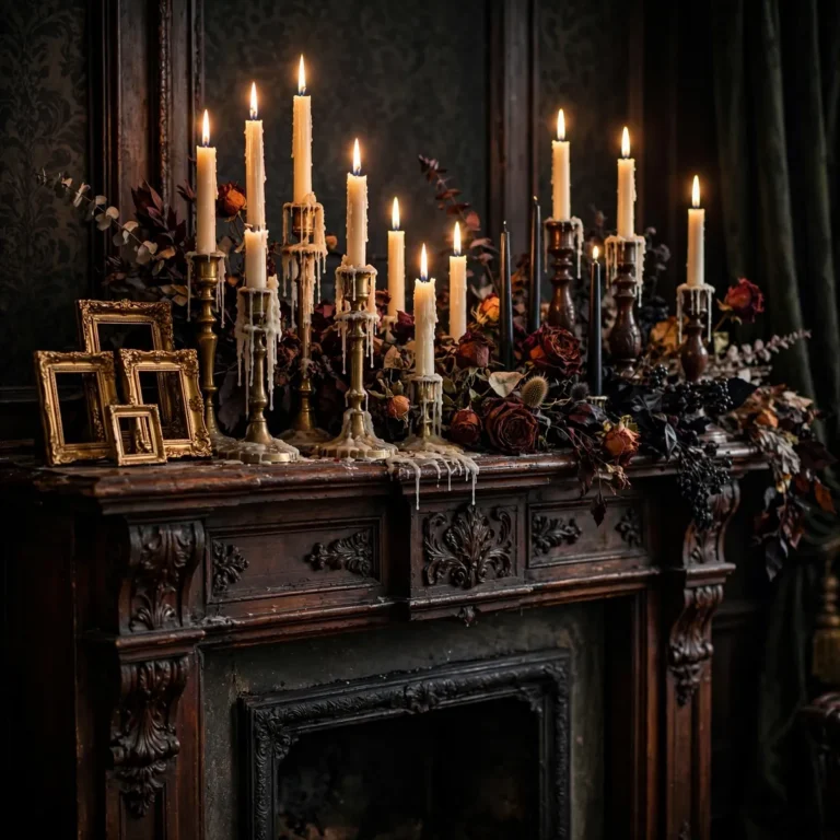 25 Elegant Halloween Decor Ideas That Feel Haunted, Never Tacky elegant halloween decor ideas: A Dripping-Candle Victorian Mantel