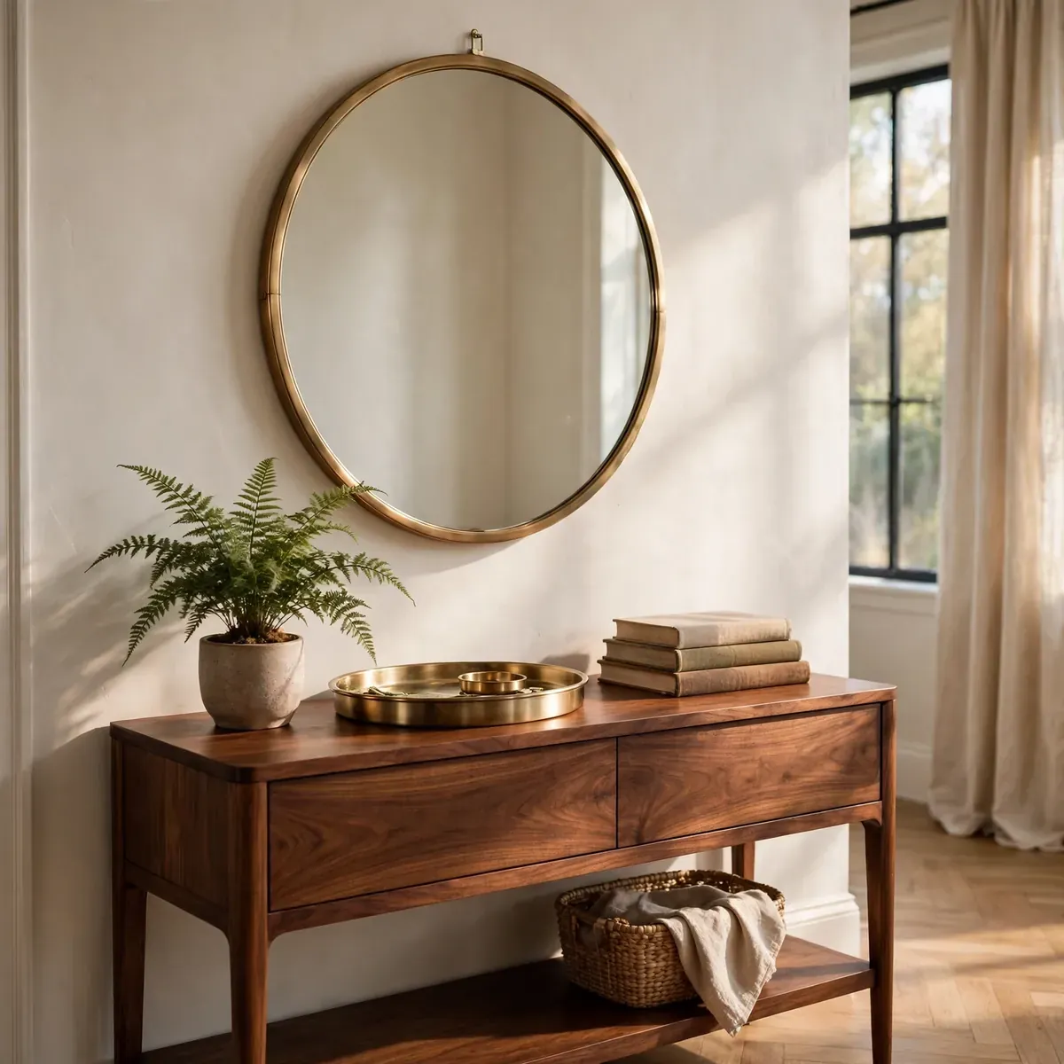 entryway decor ideas: A Slim Console Table Anchored by a Statement Mirror
