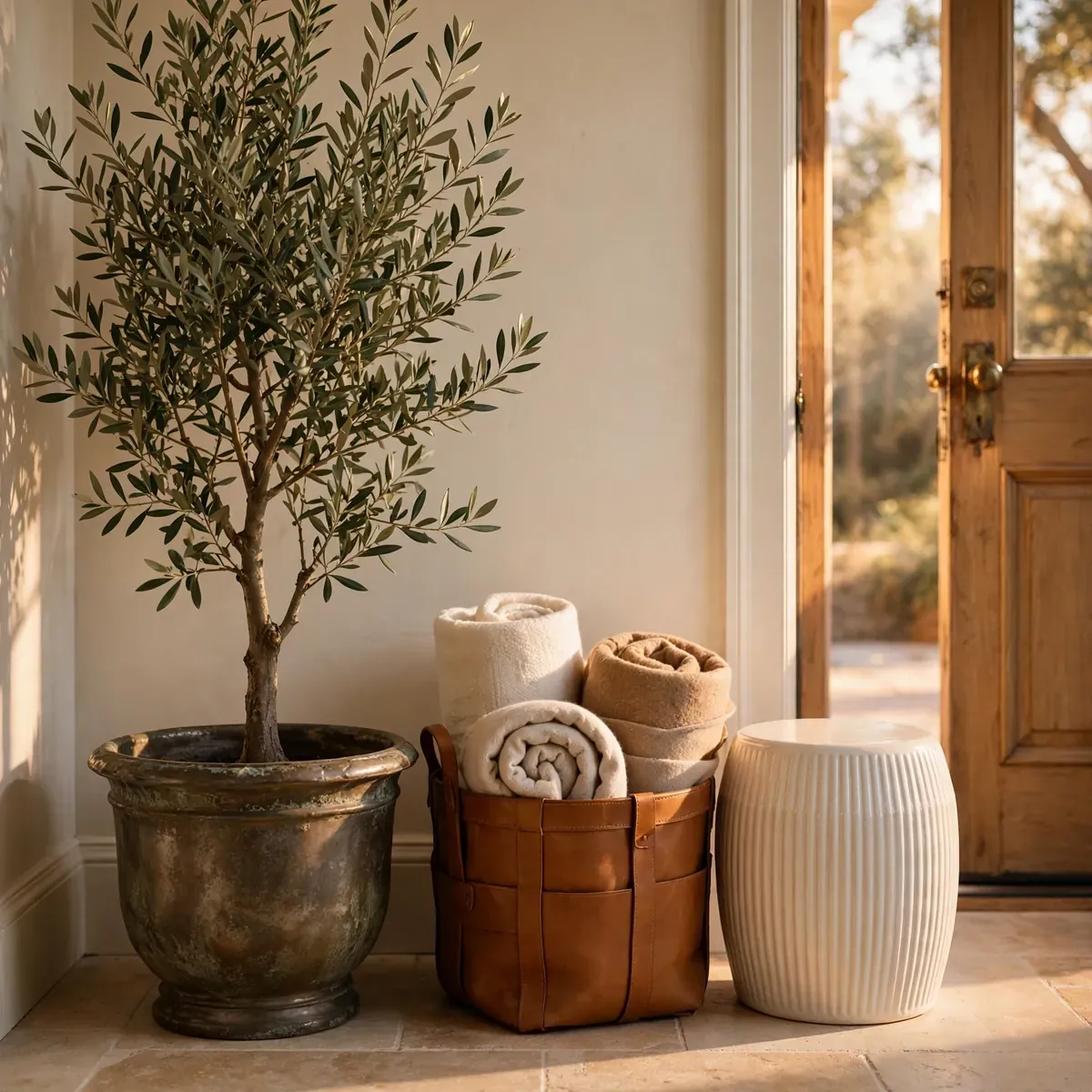 entryway decor ideas: A Hall Tree That Combines Bench, Hooks, and Storage