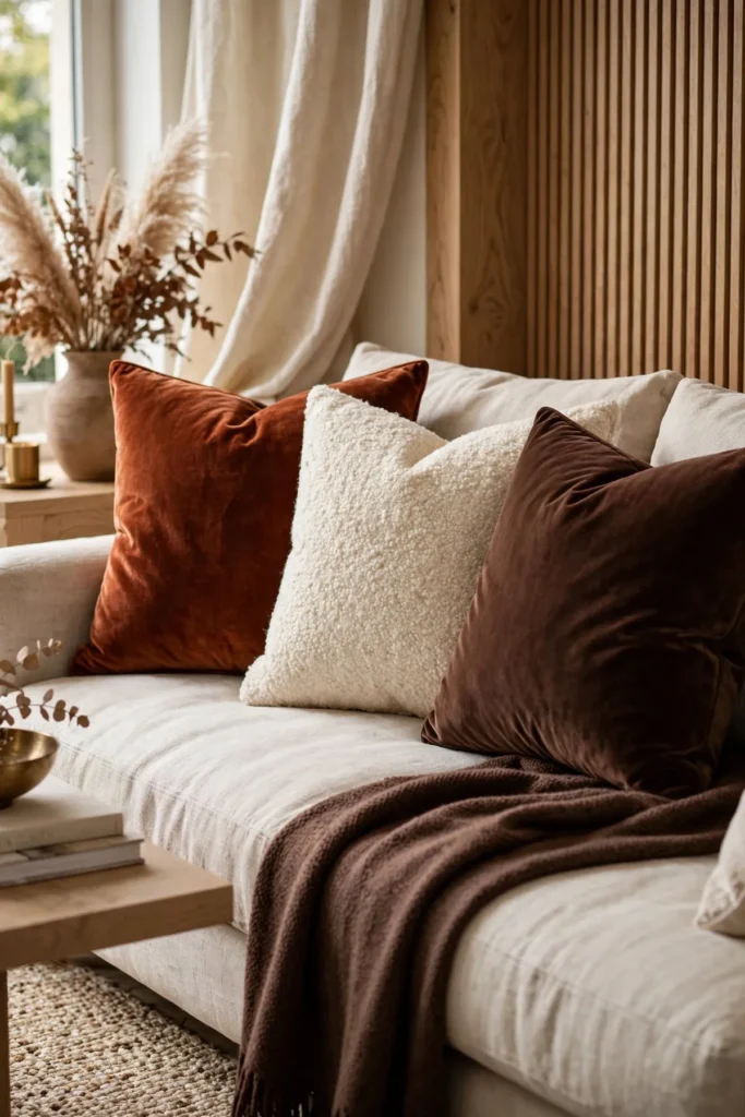 cozy fall decor ideas: Layer Velvet and Boucle for Instant Luxury