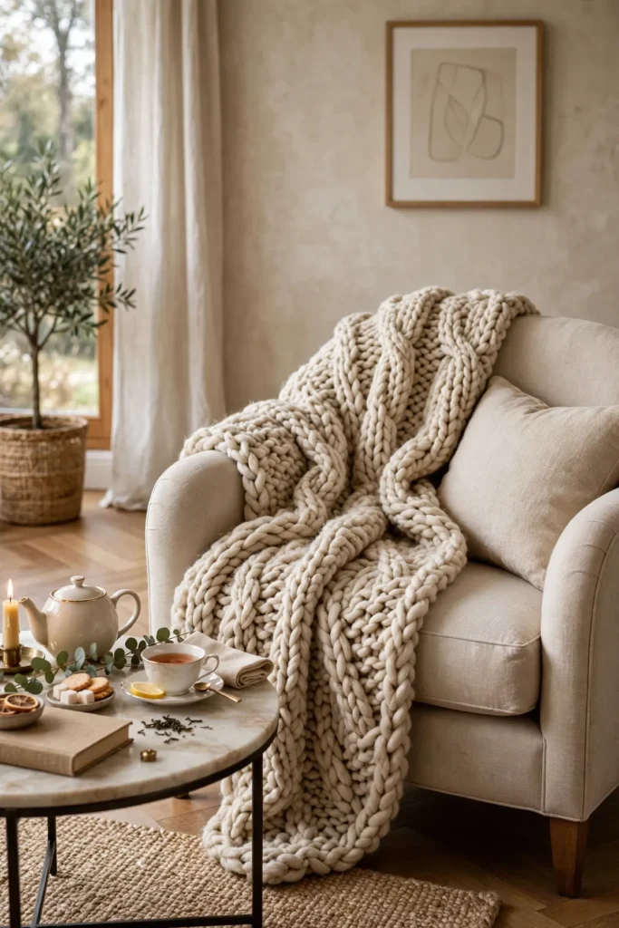 cozy fall decor ideas: Drape a Chunky Knit Throw Where You Sit