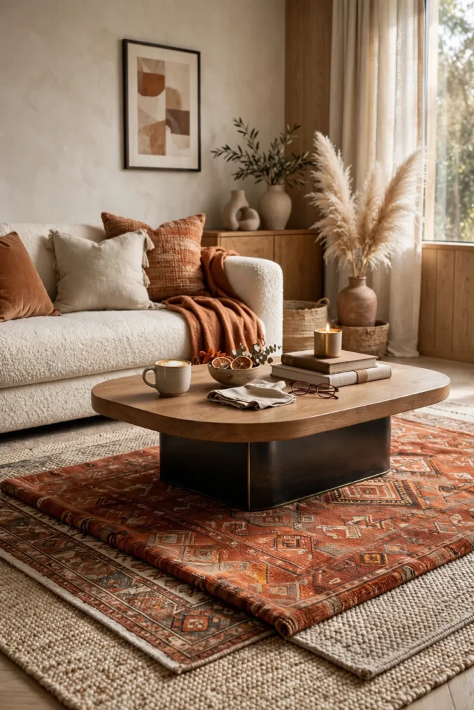cozy fall decor ideas: Layer Rugs and Mats for Warmth Underfoot