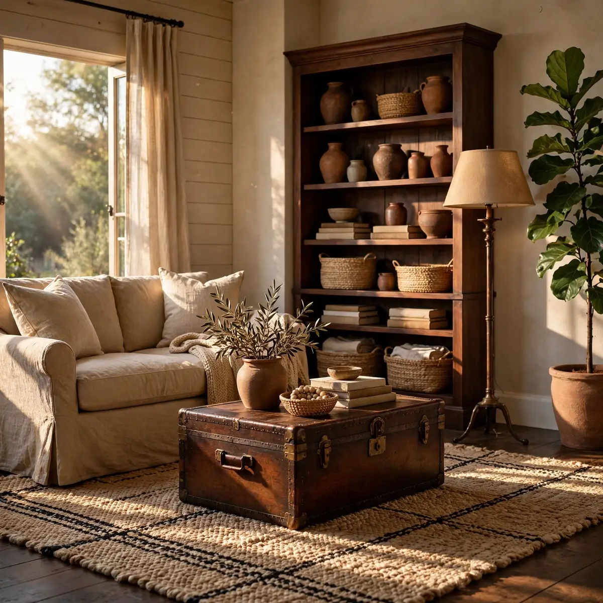 Farmhouse Living Room Ideas: 25 Cozy Looks You'll Love farmhouse living room ideas: Dress Windows with Linen Curtains and Woven Shades