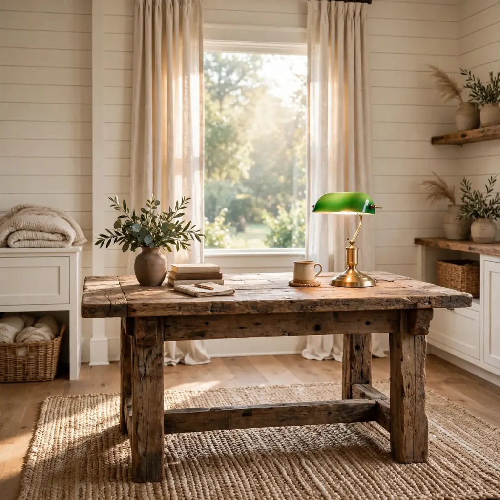 15 Beautiful Farmhouse Home Office Ideas for a Warm, Work-Ready Space farmhouse home office ideas: Farmhouse Home Office Ideas That Start With a Reclaimed Wood Desk