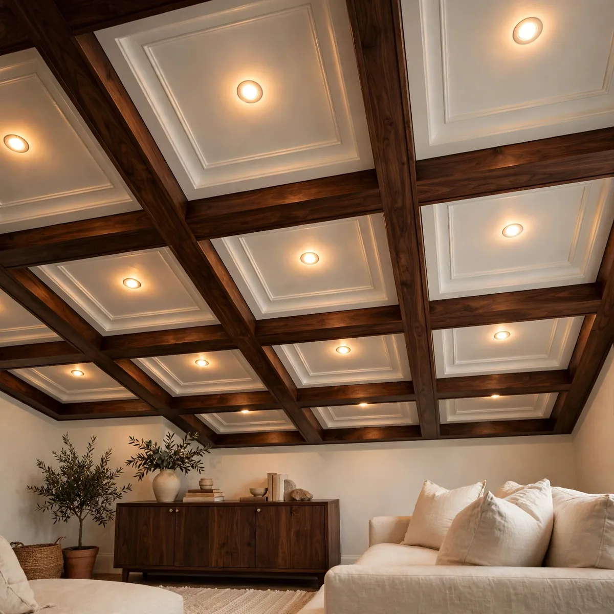 25 False Ceiling Living Room Ideas That Make Your Space Look Luxe false ceiling living room ideas: Recessed Tray Ceiling with Warm Cove Lighting