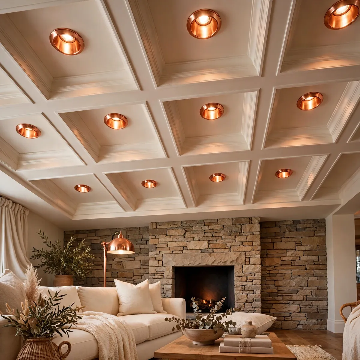 25 False Ceiling Living Room Ideas That Make Your Space Look Luxe false ceiling living room ideas: Rustic Beam Panels with Dropped Cream Inserts