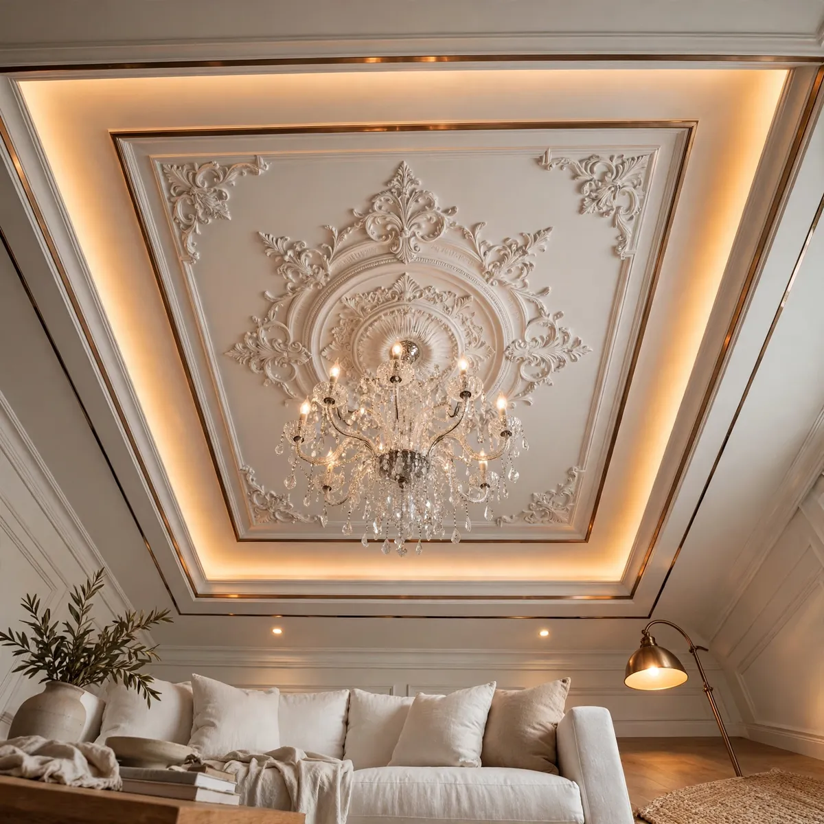 25 False Ceiling Living Room Ideas That Make Your Space Look Luxe false ceiling living room ideas: Mirror-Backed Accent Ceiling in Pewter