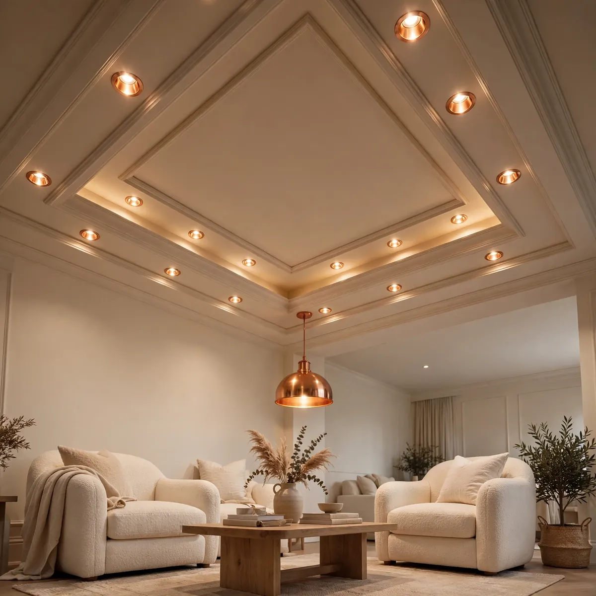 25 False Ceiling Living Room Ideas That Make Your Space Look Luxe false ceiling living room ideas: All-White Layered Border Ceiling