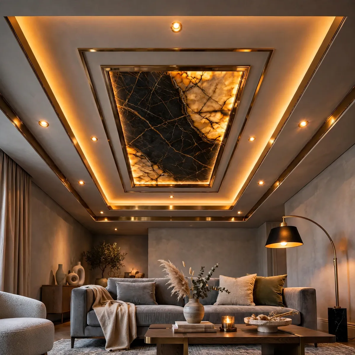 25 False Ceiling Living Room Ideas That Make Your Space Look Luxe false ceiling living room ideas: Espresso Wood Beams with Recessed Spots