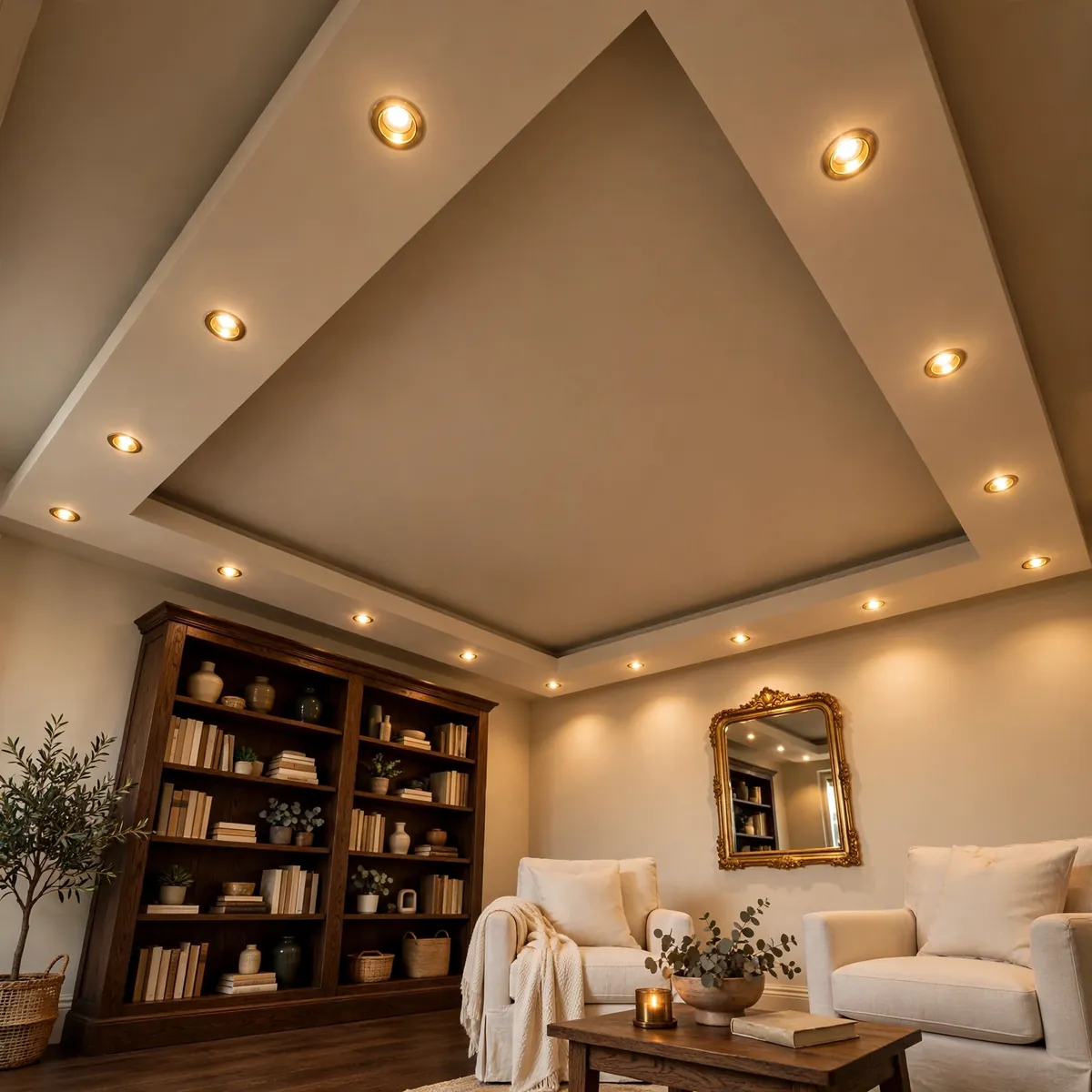 25 False Ceiling Living Room Ideas That Make Your Space Look Luxe false ceiling living room ideas: Colour-Changing Cove Lighting on a Midnight Ceiling