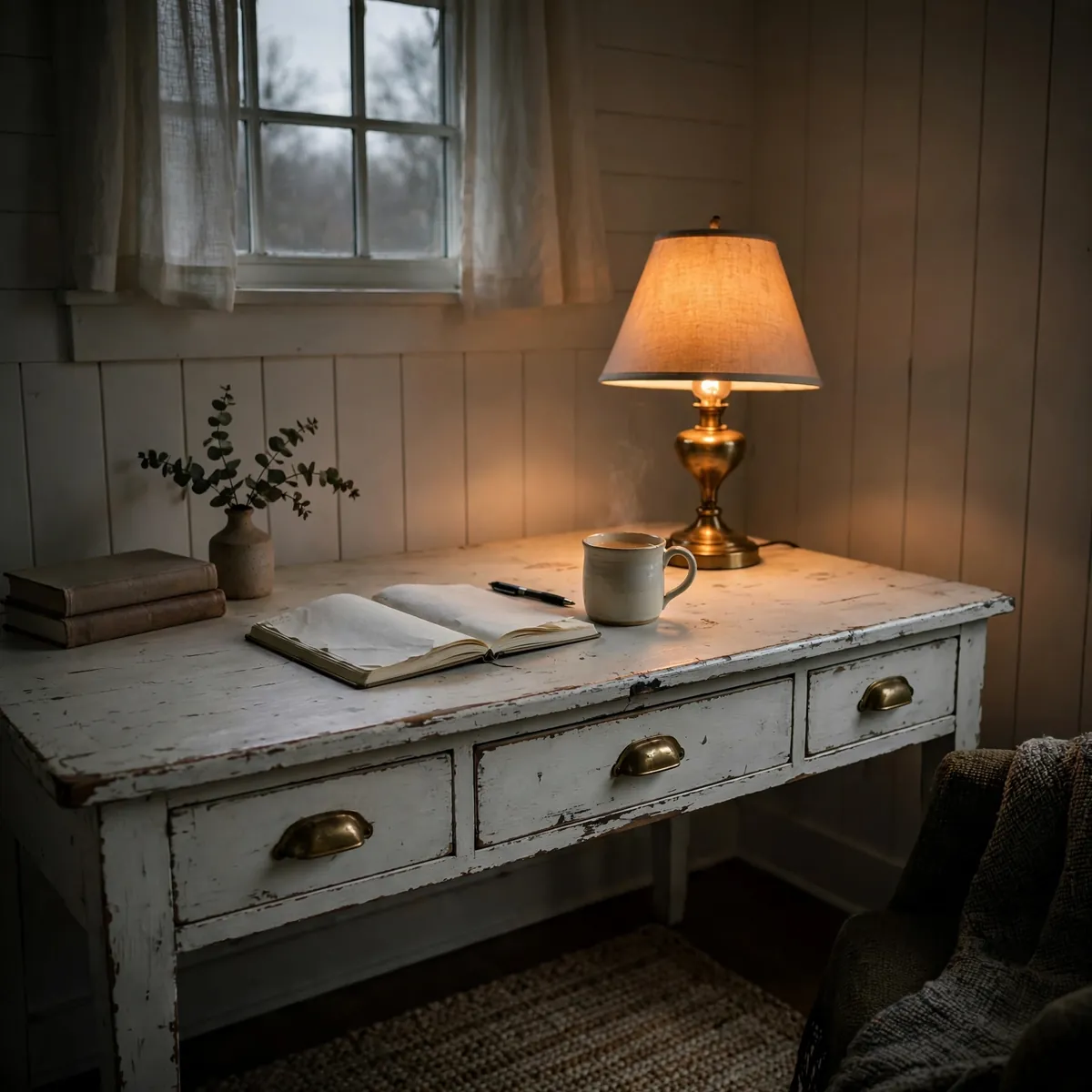25 Stunning Farmhouse Desk Ideas for a Workspace You'll Actually Love farmhouse desk ideas: A Distressed White Desk That Brightens a Dark Room