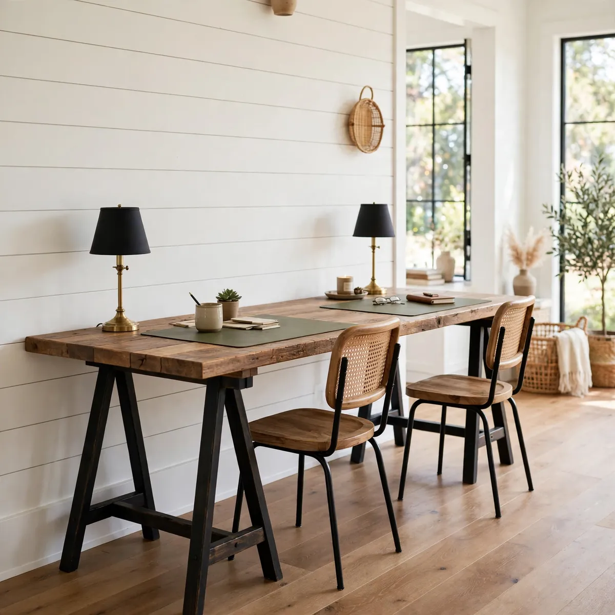 25 Stunning Farmhouse Desk Ideas for a Workspace You'll Actually Love farmhouse desk ideas: A Trestle-Base Desk for Two People Sharing