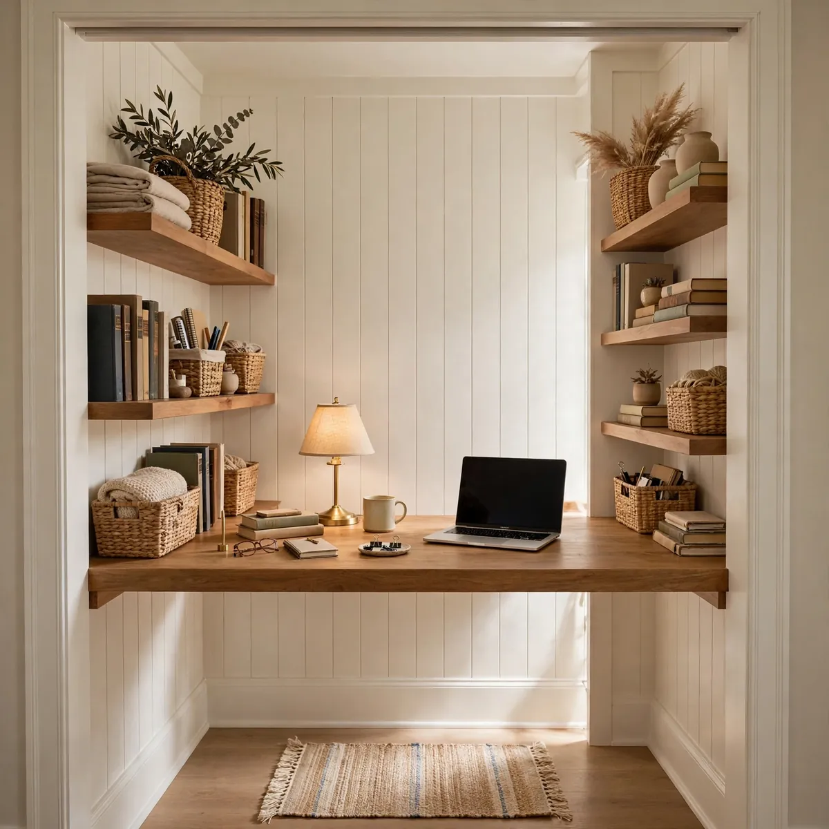 25 Stunning Farmhouse Desk Ideas for a Workspace You'll Actually Love farmhouse desk ideas: The Closet Office: A Desk Inside a Closet
