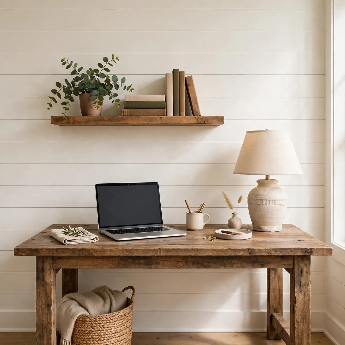 25 Stunning Farmhouse Desk Ideas for a Workspace You'll Actually Love farmhouse desk ideas: A Shiplap Backdrop Wall Behind the Desk