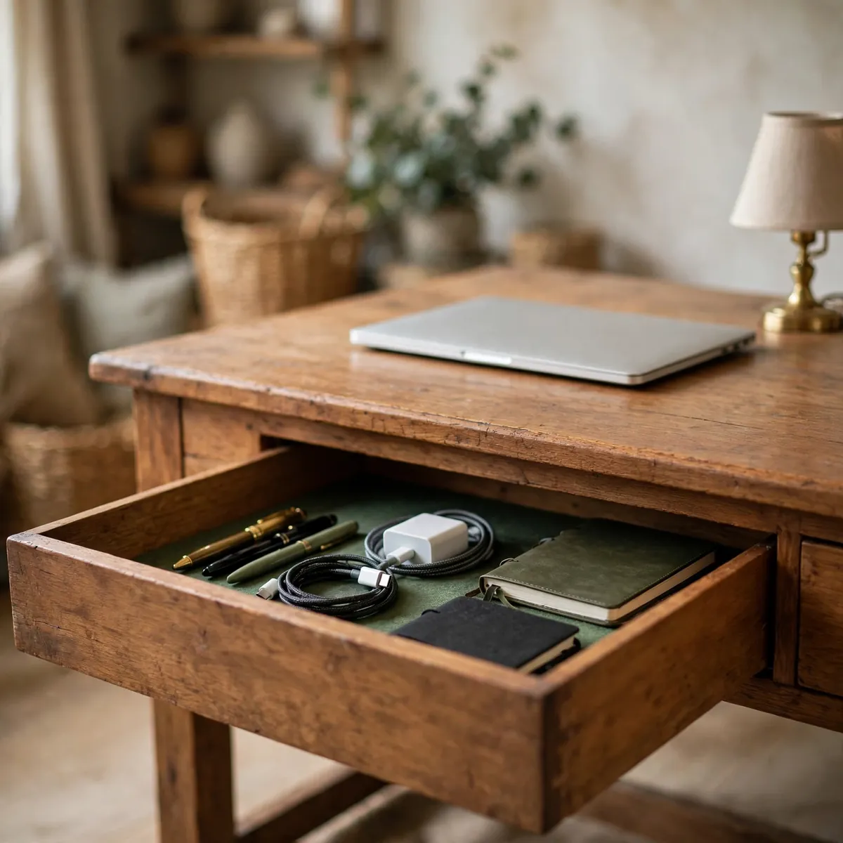 25 Stunning Farmhouse Desk Ideas for a Workspace You'll Actually Love farmhouse desk ideas: An Apron-Drawer Desk for Hidden Clutter