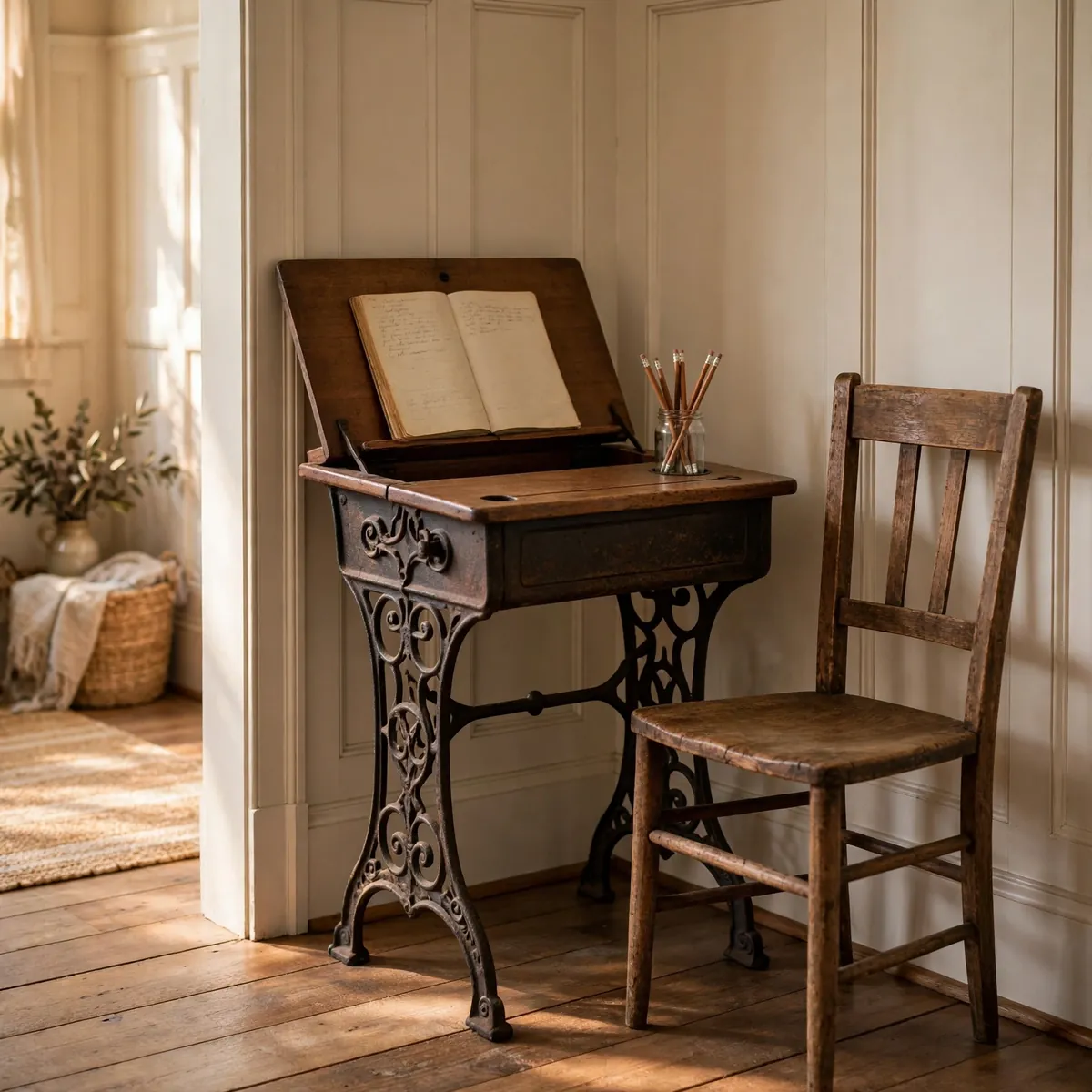 25 Stunning Farmhouse Desk Ideas for a Workspace You'll Actually Love farmhouse desk ideas: A Vintage School Desk with Farmhouse Character