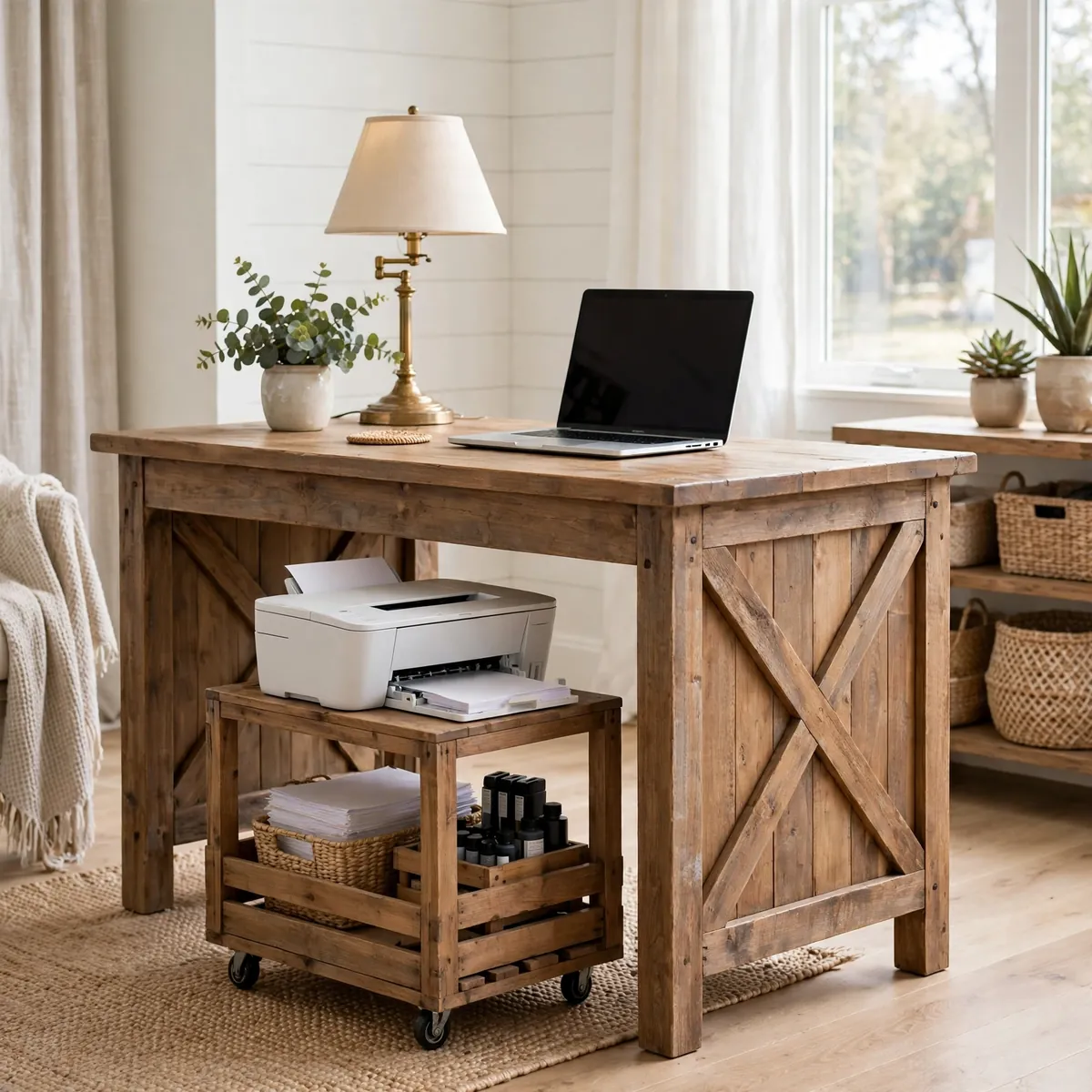 25 Stunning Farmhouse Desk Ideas for a Workspace You'll Actually Love farmhouse desk ideas: A Printer Station Tucked Under a High Desk