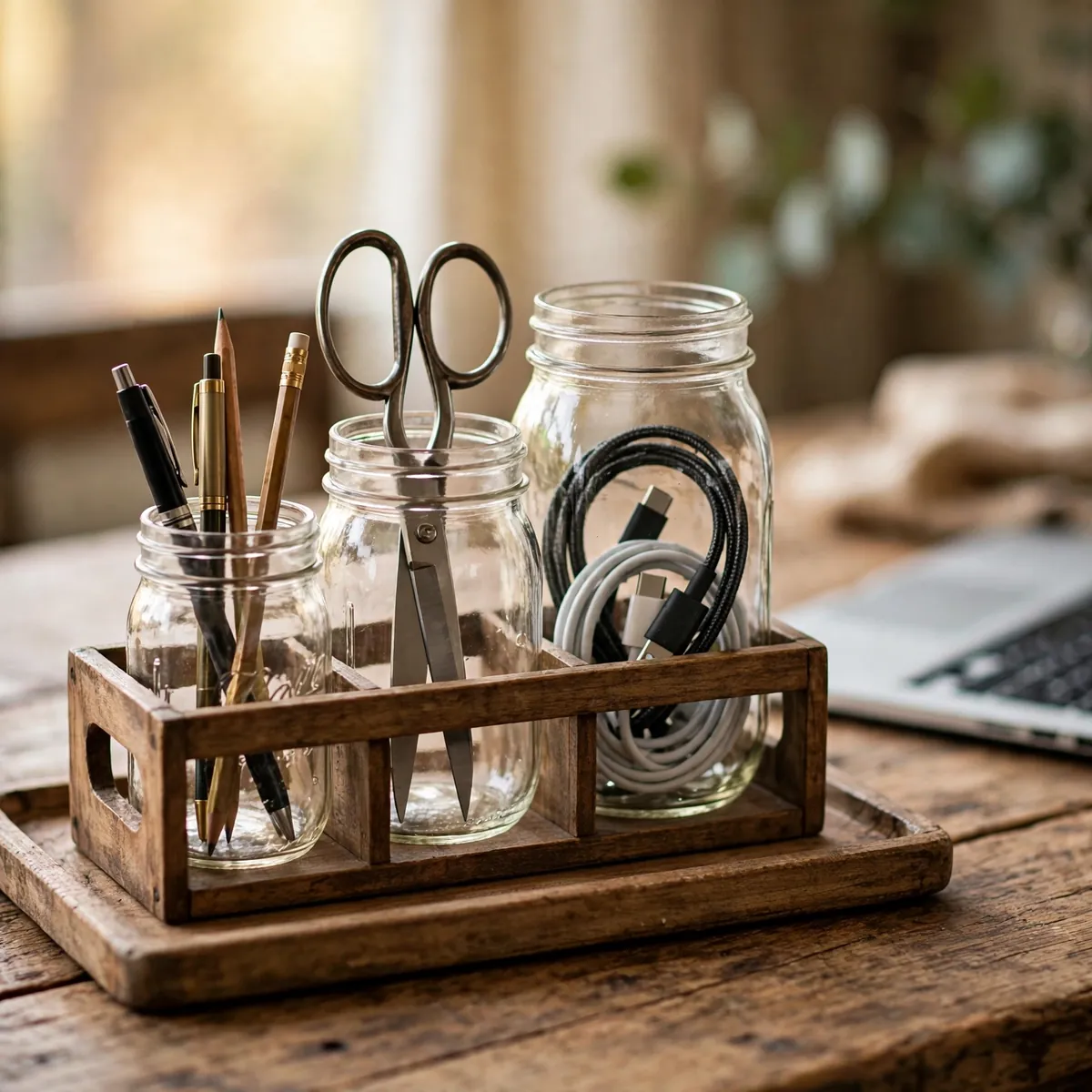 25 Stunning Farmhouse Desk Ideas for a Workspace You'll Actually Love farmhouse desk ideas: Mason Jar Organizers on a Wooden Desktop