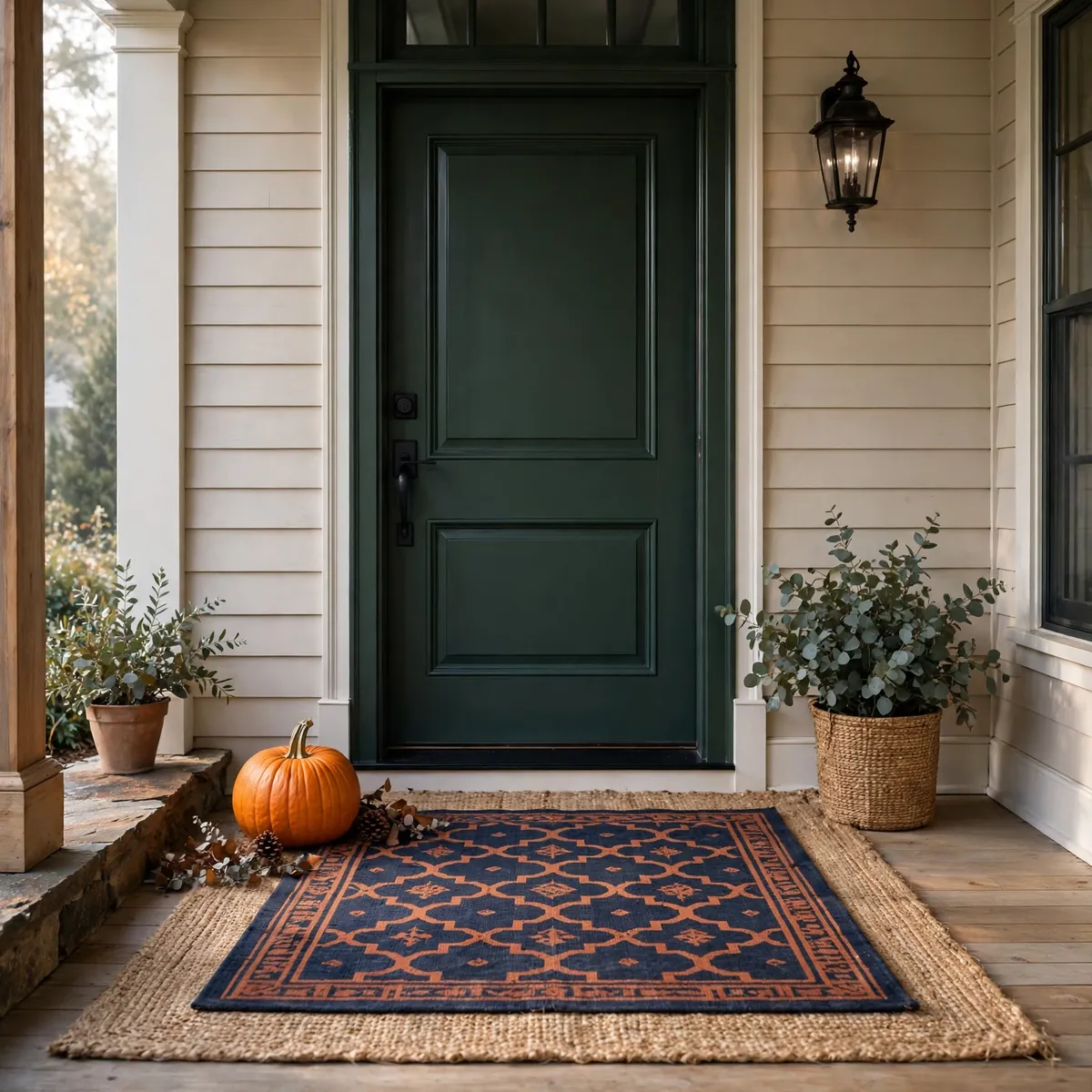 25 Fall Porch Decor Ideas for the Warmest Welcome on the Block fall porch decor ideas: Layered Jute and Patterned Outdoor Rugs