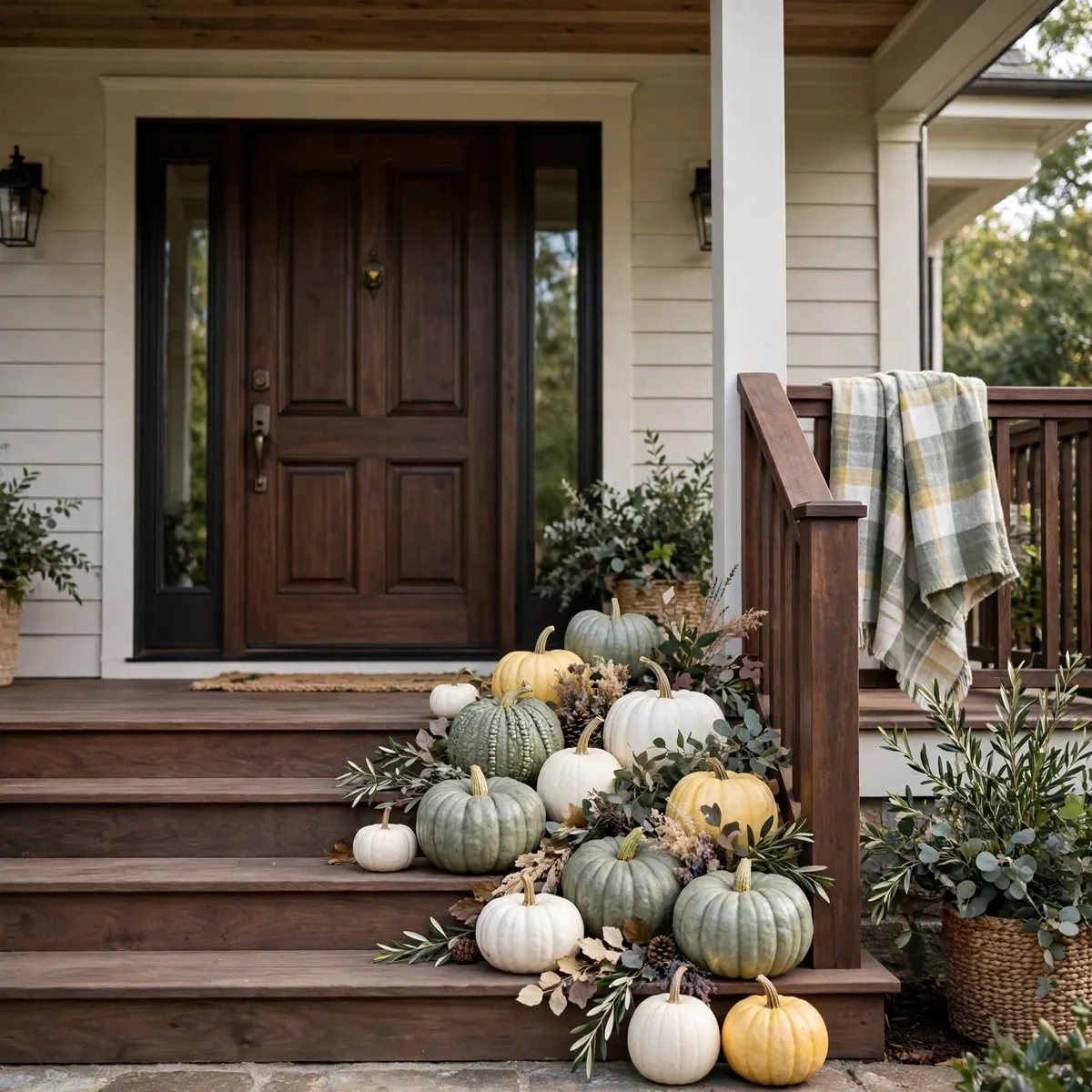 25 Fall Porch Decor Ideas for the Warmest Welcome on the Block fall porch decor ideas: Heirloom Pumpkins in Sage, White, and Butter Yellow