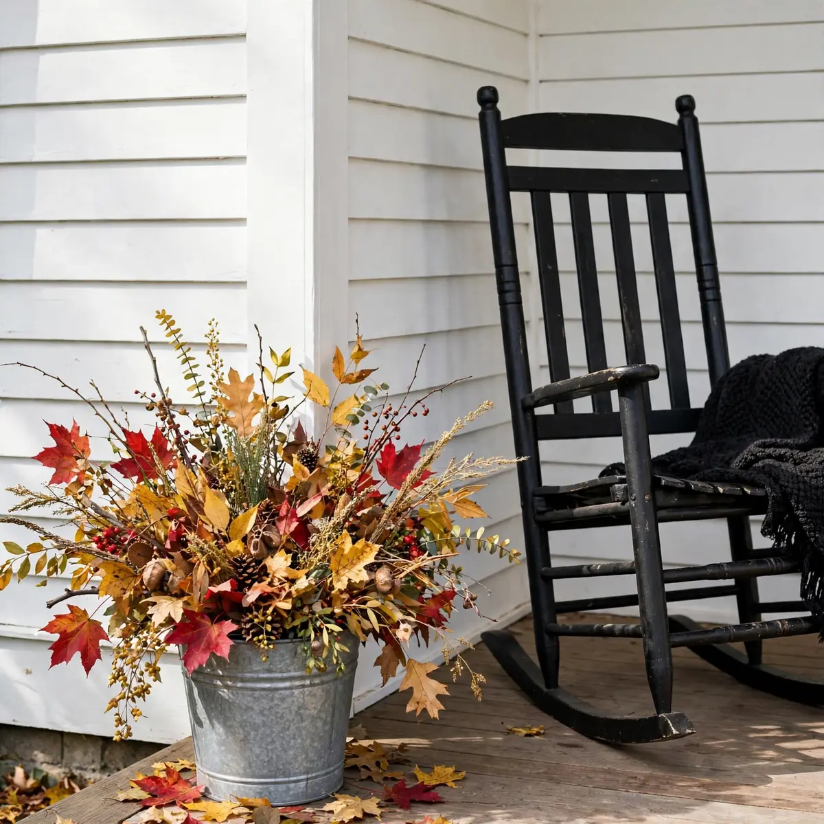 25 Fall Porch Decor Ideas for the Warmest Welcome on the Block fall porch decor ideas: Foraged Branch Bundle in a Galvanized Bucket