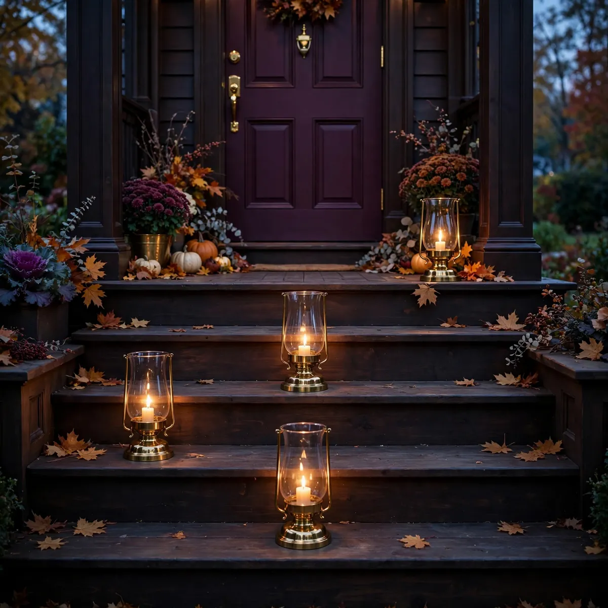 25 Fall Porch Decor Ideas for the Warmest Welcome on the Block fall porch decor ideas: Brass Candle Hurricanes on the Steps