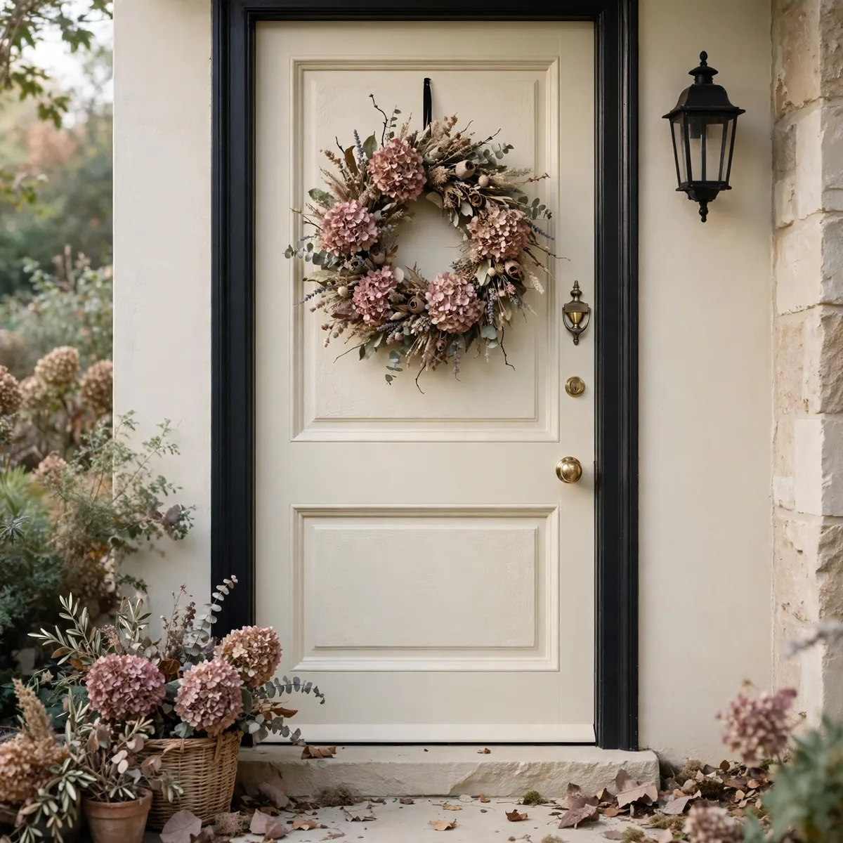 25 Fall Porch Decor Ideas for the Warmest Welcome on the Block fall porch decor ideas: Dried Hydrangea Wreath in Muted Mauve