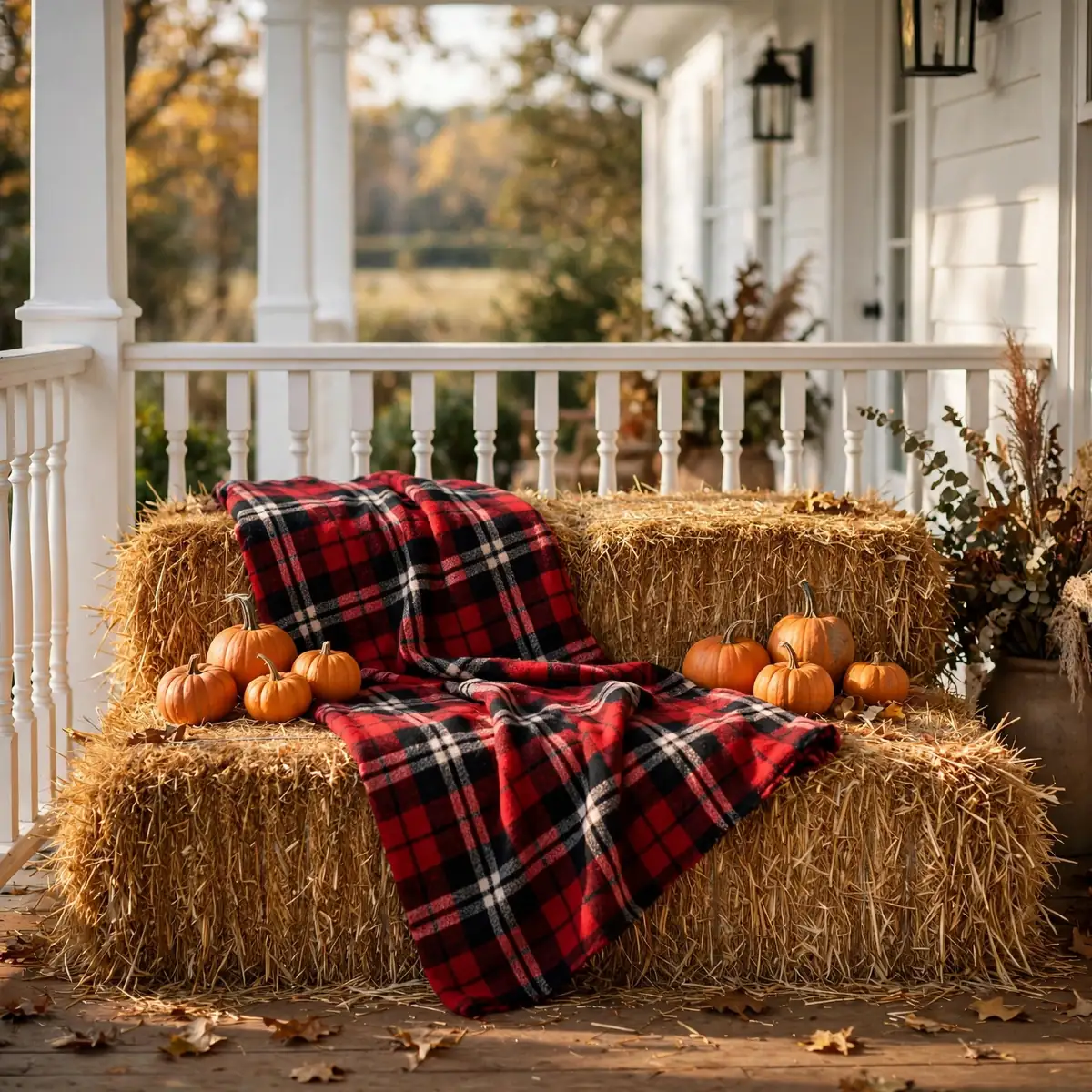 25 Fall Porch Decor Ideas for the Warmest Welcome on the Block fall porch decor ideas: Hay Bale Bench With a Plaid Blanket