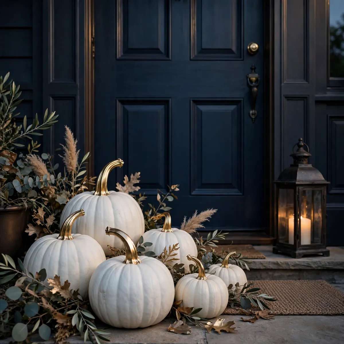 25 Fall Porch Decor Ideas for the Warmest Welcome on the Block fall porch decor ideas: White Pumpkins With Gold-Dipped Stems
