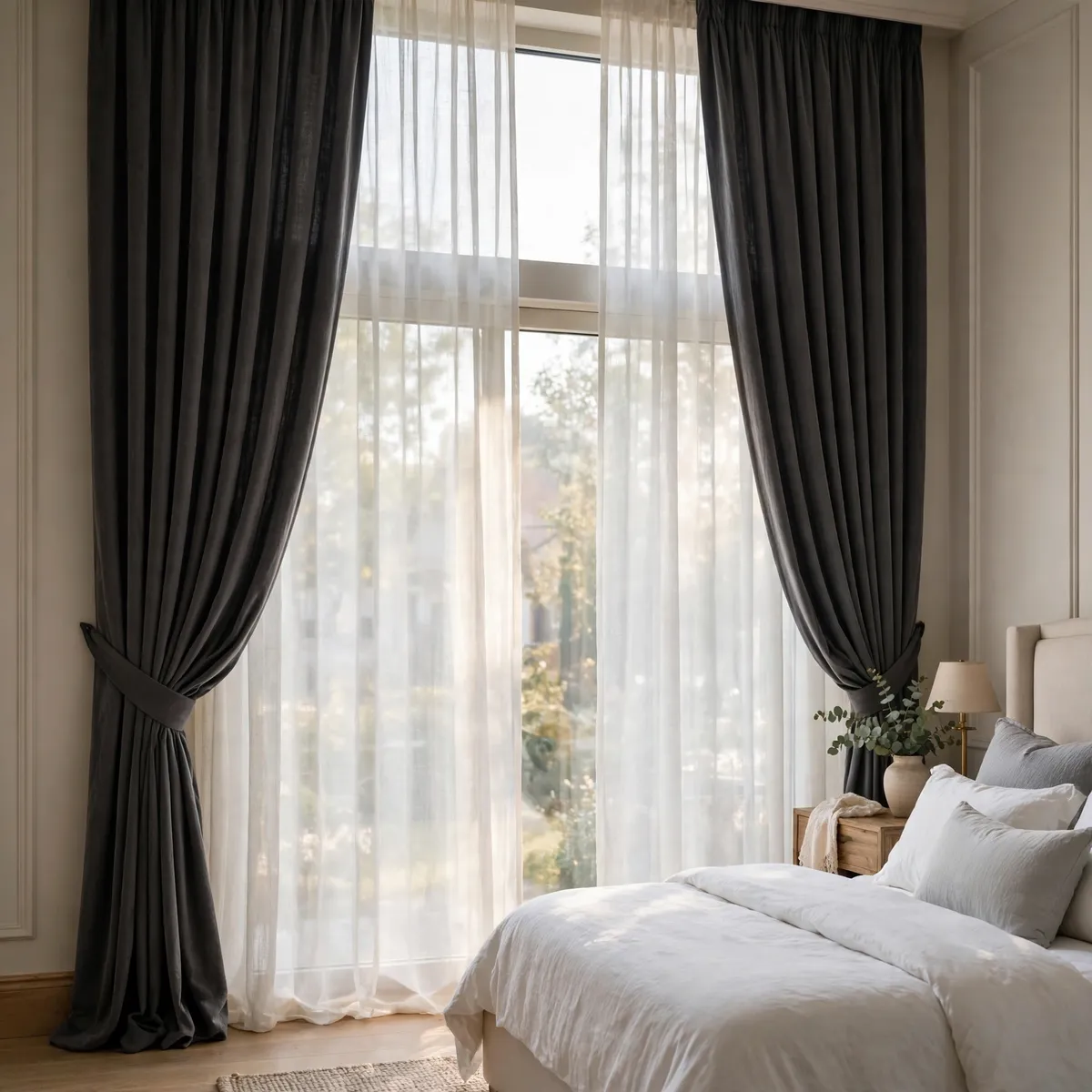 25 Welcoming Guest Bedroom Ideas Your Guests Will Love guest bedroom ideas: Layer Blackout Curtains Behind Sheer Panels