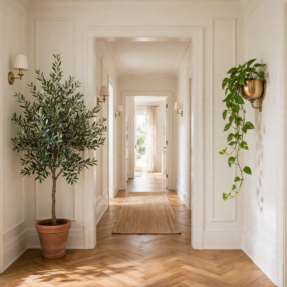hallway decor ideas: Tuck Greenery Into the Corners