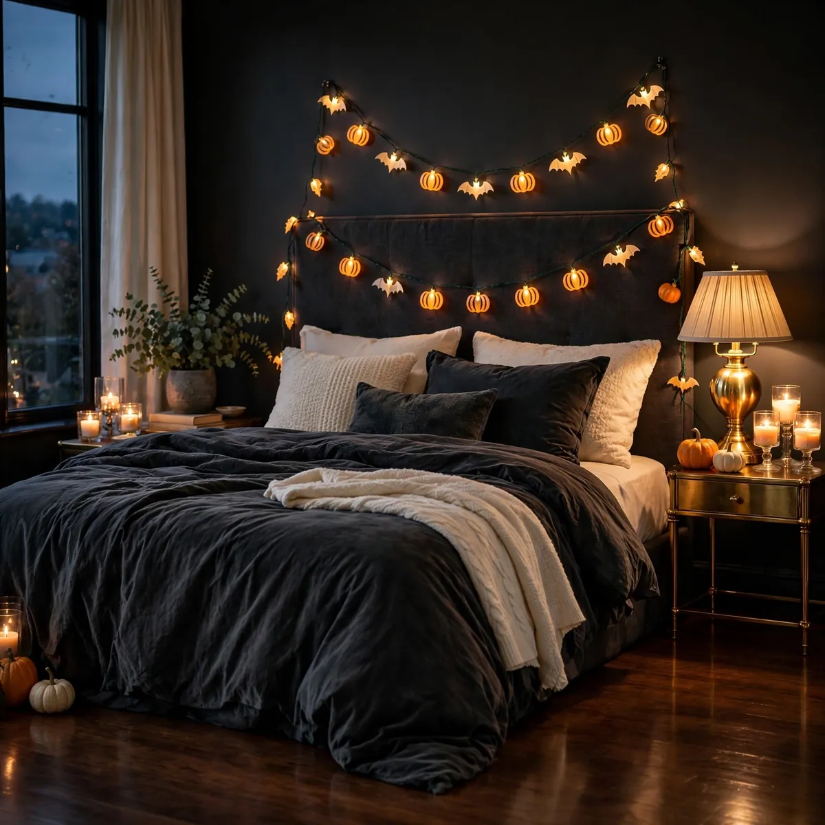 25 Halloween Bedroom Decor Ideas for a Cozy-Spooky Room halloween bedroom decor ideas: Fairy Lights of Bats and Pumpkins Over the Headboard