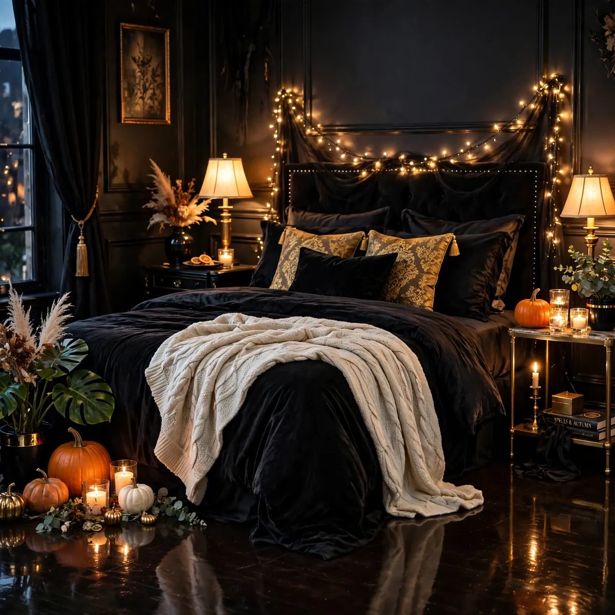 25 Halloween Bedroom Decor Ideas for a Cozy-Spooky Room halloween bedroom decor ideas: Halloween Bedroom Decor Ideas Built on Black Bedding