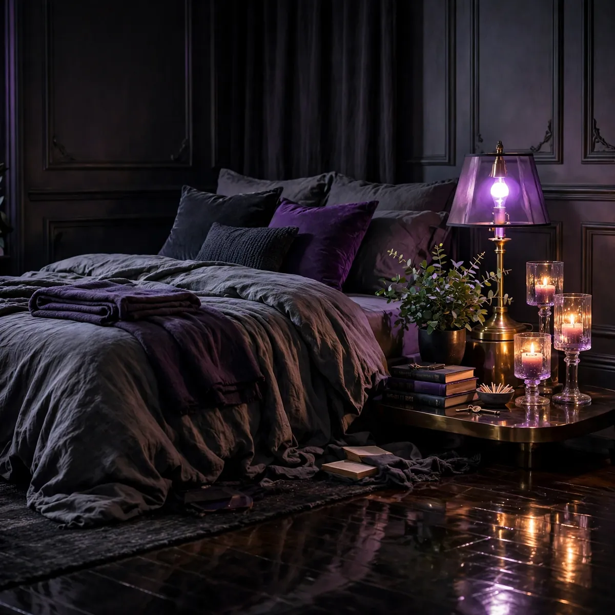 25 Halloween Bedroom Decor Ideas for a Cozy-Spooky Room halloween bedroom decor ideas: A Moody Purple Bulb in the Bedside Lamp