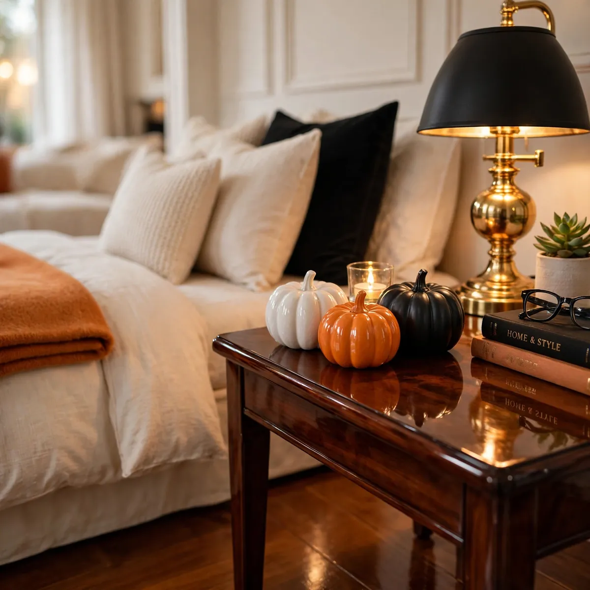 25 Halloween Bedroom Decor Ideas for a Cozy-Spooky Room halloween bedroom decor ideas: A Mini Pumpkin Cluster on the Nightstand