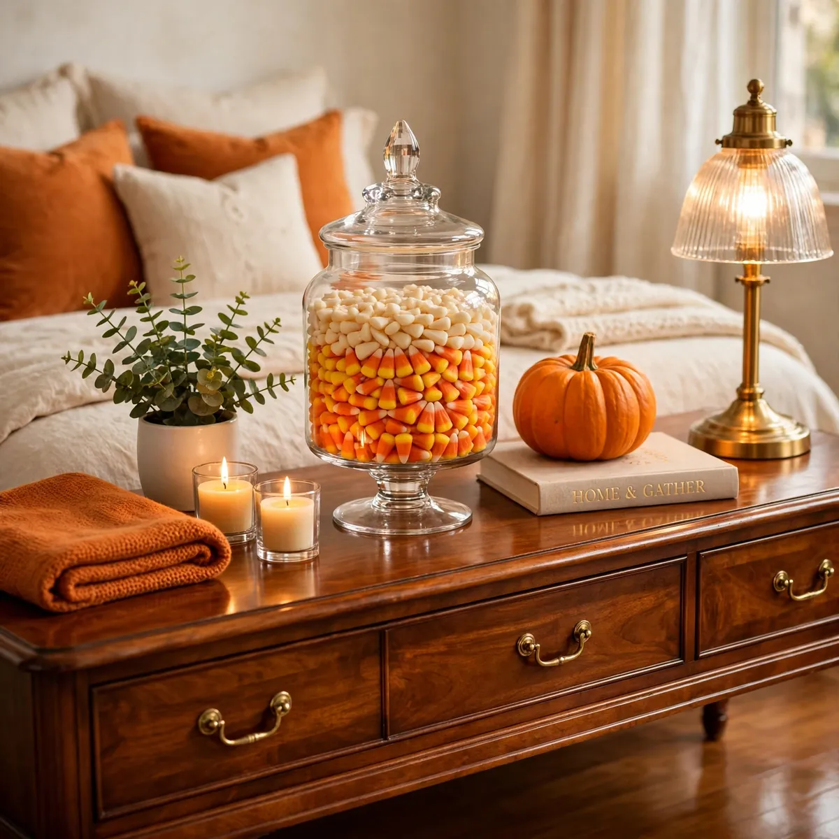 25 Halloween Bedroom Decor Ideas for a Cozy-Spooky Room halloween bedroom decor ideas: A Candy Corn Dish as a Styling Moment