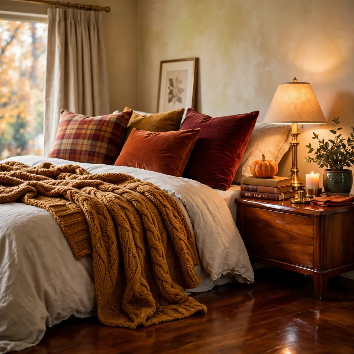 25 Halloween Bedroom Decor Ideas for a Cozy-Spooky Room halloween bedroom decor ideas: Chunky Knit and Plaid Layers in Autumn Tones