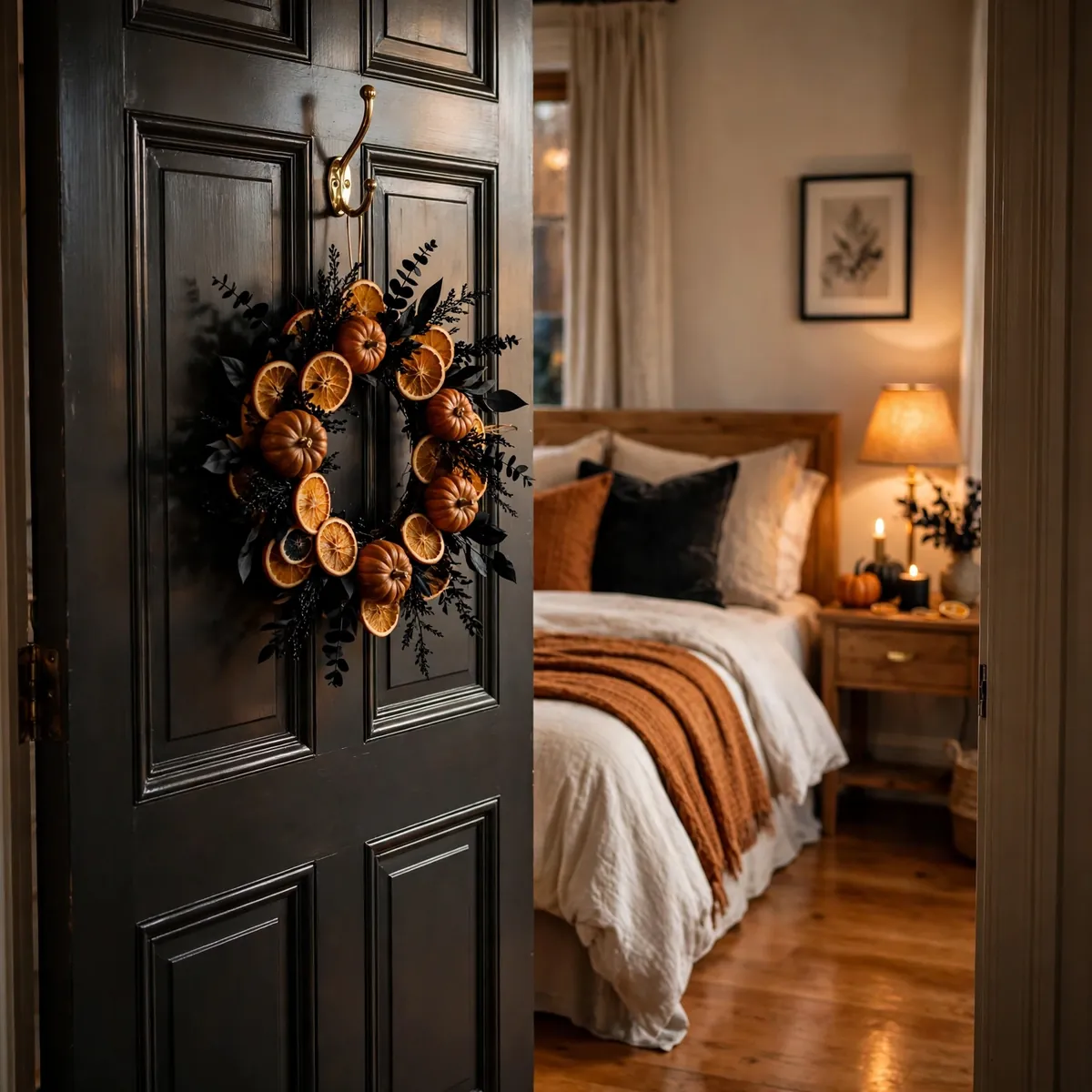 25 Halloween Bedroom Decor Ideas for a Cozy-Spooky Room halloween bedroom decor ideas: A Small Wreath on the Inside of the Bedroom Door
