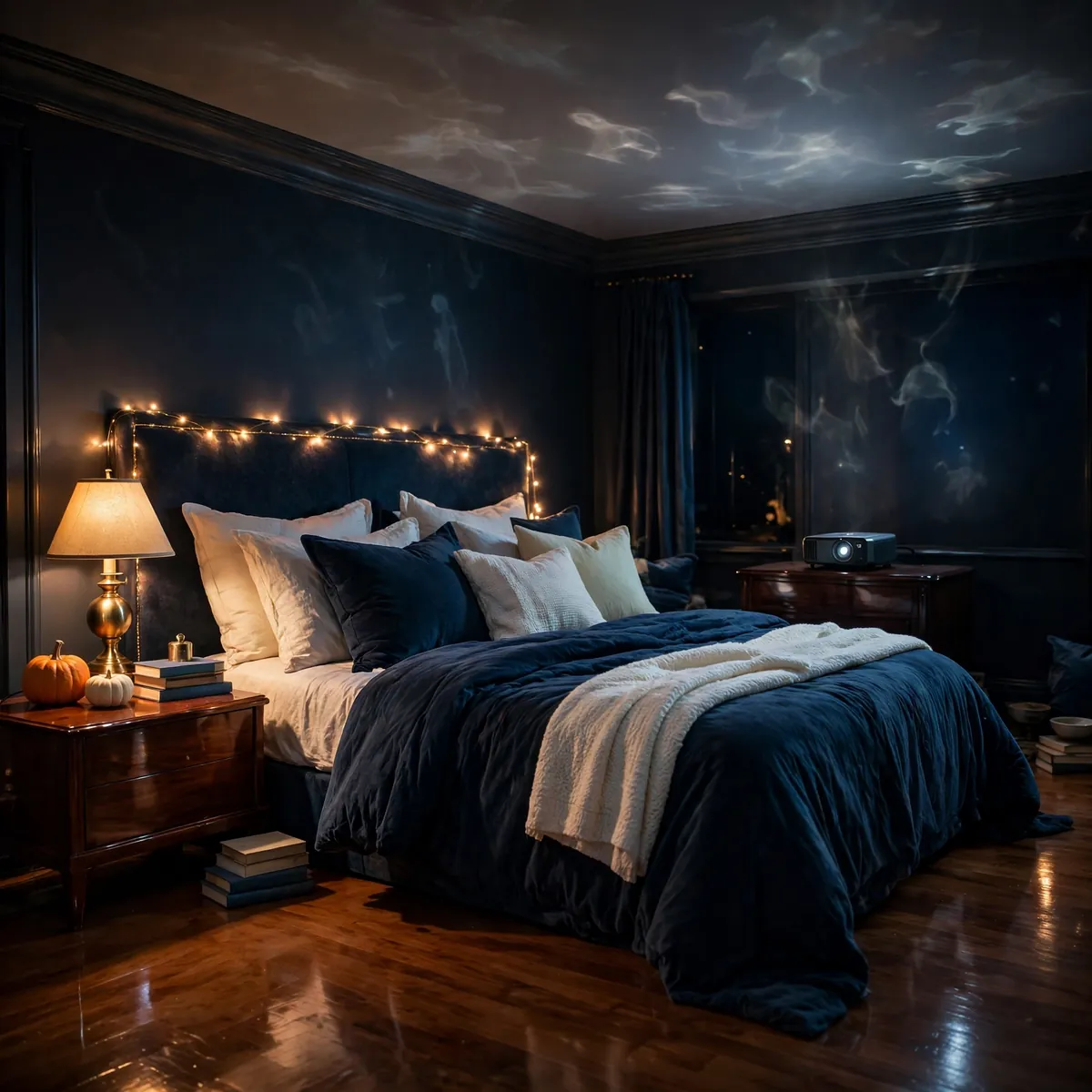 25 Halloween Bedroom Decor Ideas for a Cozy-Spooky Room halloween bedroom decor ideas: A Ghost-Projector Night Light for Instant Atmosphere
