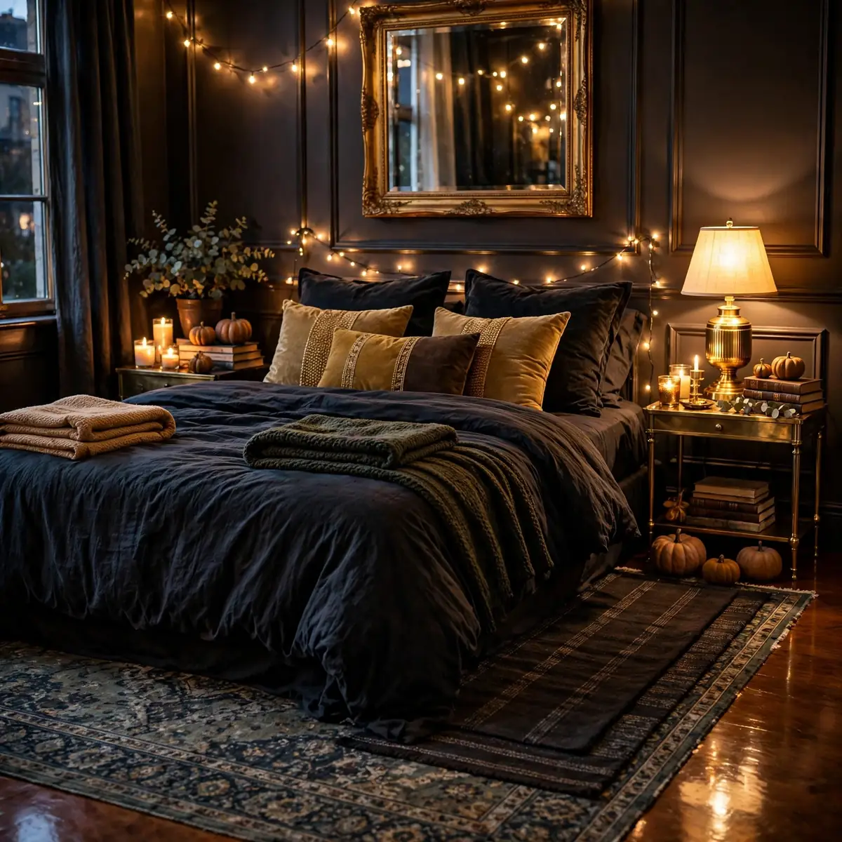 25 Halloween Bedroom Decor Ideas for a Cozy-Spooky Room halloween bedroom decor ideas: A Layered Dark Runner Beside the Bed