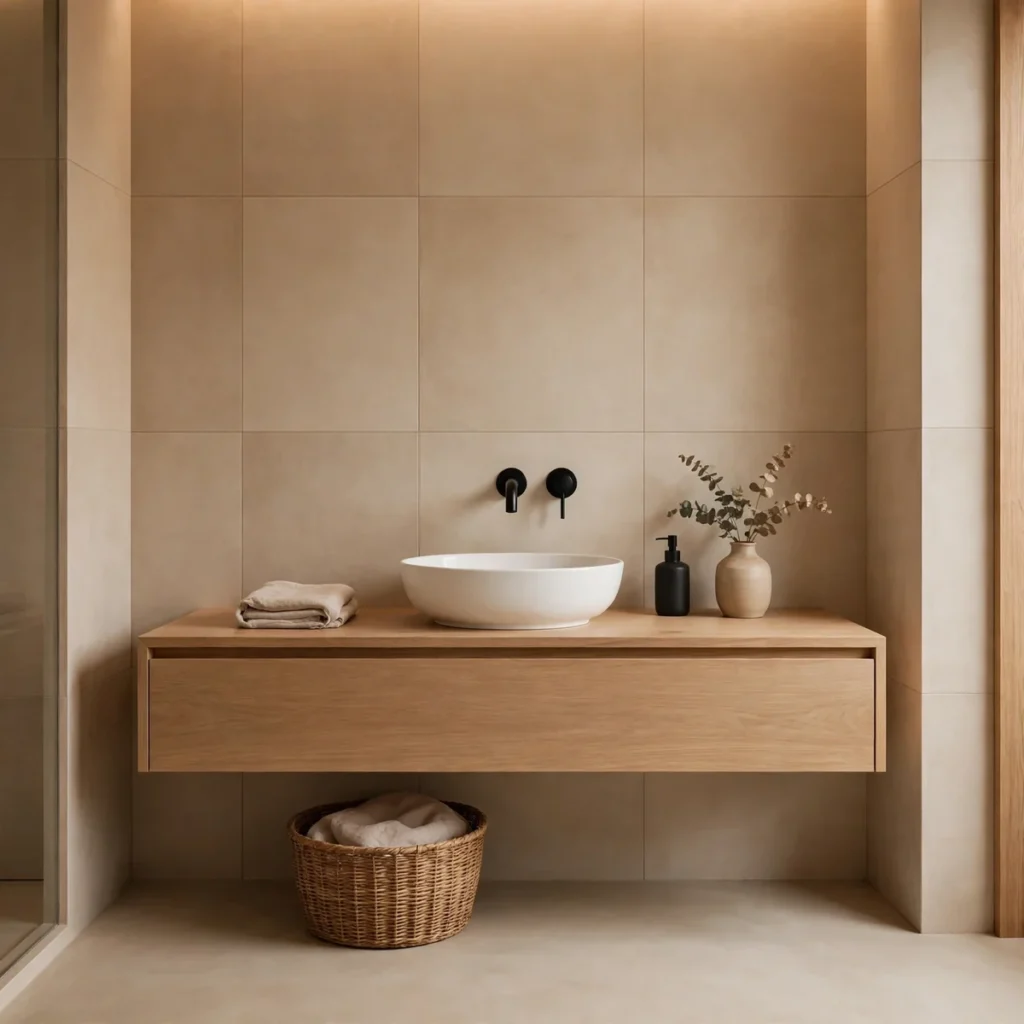 15 Beautiful Japandi Bathroom Ideas That Blend Japanese Calm With Scandinavian Warmth japandi bathroom: The Low-Profile Wooden Vanity Is the Heart of a Japandi Bathroom
