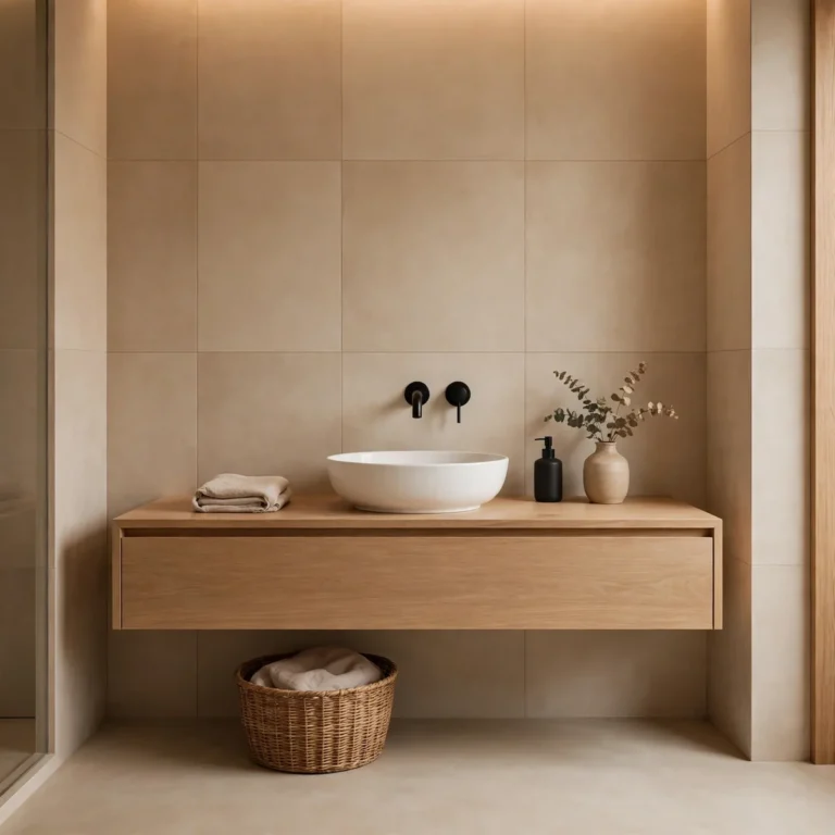 japandi bathroom: The Low-Profile Wooden Vanity Is the Heart of a Japandi Bathroom