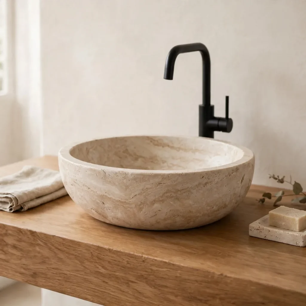 15 Beautiful Japandi Bathroom Ideas That Blend Japanese Calm With Scandinavian Warmth japandi bathroom: Pair a Stone Vessel Sink With Warm Oak