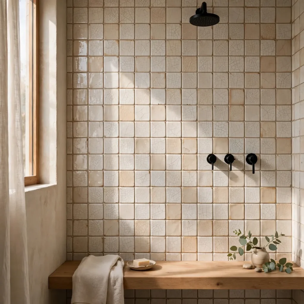 15 Beautiful Japandi Bathroom Ideas That Blend Japanese Calm With Scandinavian Warmth japandi bathroom: Use Handmade-Look Crackle Tile for Wabi-Sabi Texture