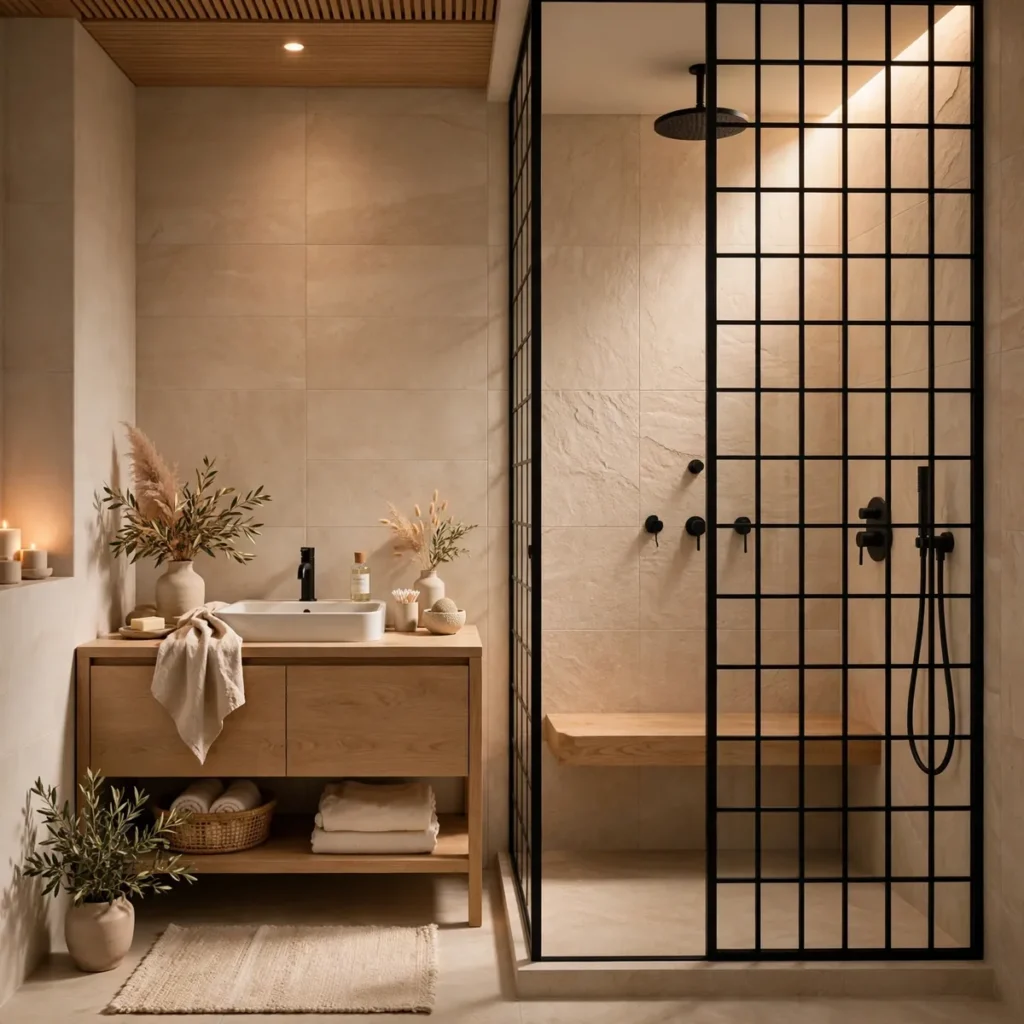 15 Beautiful Japandi Bathroom Ideas That Blend Japanese Calm With Scandinavian Warmth japandi bathroom: Frame the Shower With a Shoji-Style Black Grid Screen