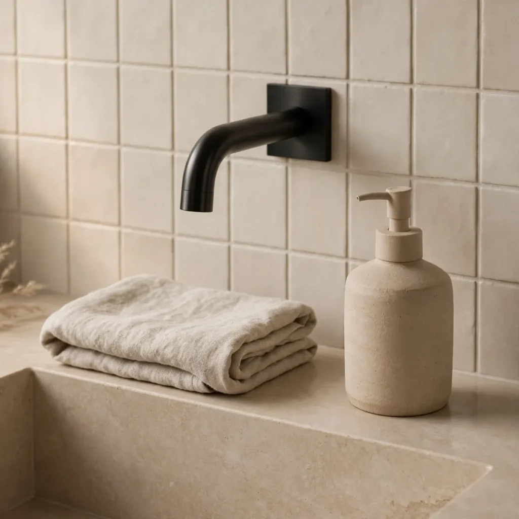 15 Beautiful Japandi Bathroom Ideas That Blend Japanese Calm With Scandinavian Warmth japandi bathroom: Go All-Matte: Honed Stone, Brushed Fixtures, Linen