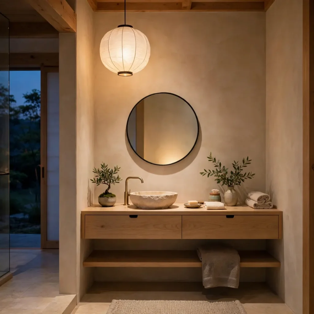 15 Beautiful Japandi Bathroom Ideas That Blend Japanese Calm With Scandinavian Warmth japandi bathroom: Hang a Rice-Paper Lantern Pendant