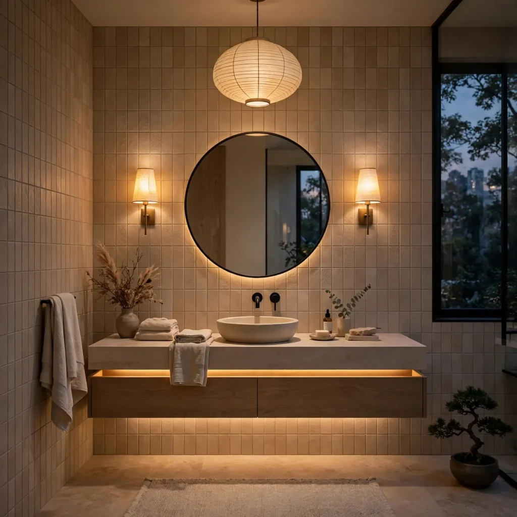 15 Beautiful Japandi Bathroom Ideas That Blend Japanese Calm With Scandinavian Warmth japandi bathroom: Layer Three Depths of Warm Light