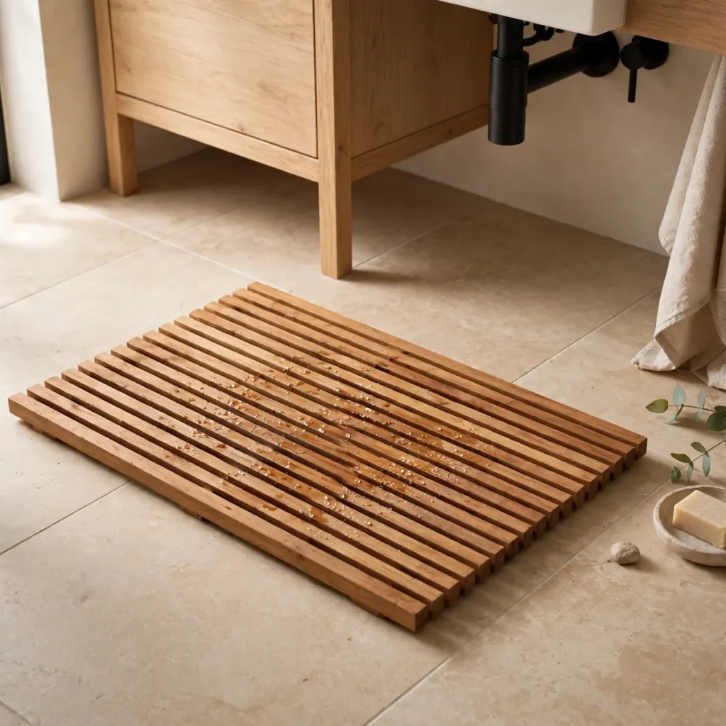15 Beautiful Japandi Bathroom Ideas That Blend Japanese Calm With Scandinavian Warmth japandi bathroom: Choose a Teak Bath Mat Over a Fabric Rug